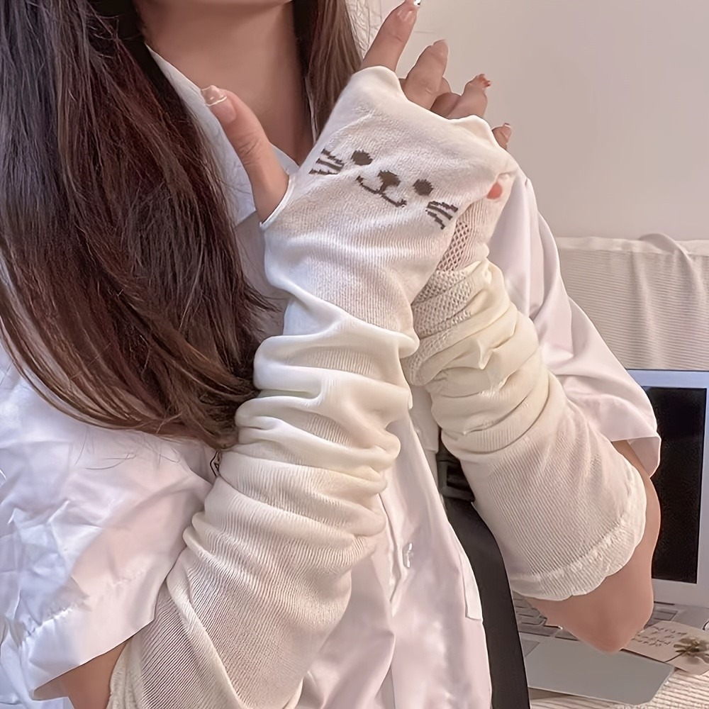 1 Pair Cute Cat Print Arm Cove - Fingerless Glove Knit reseña y precio