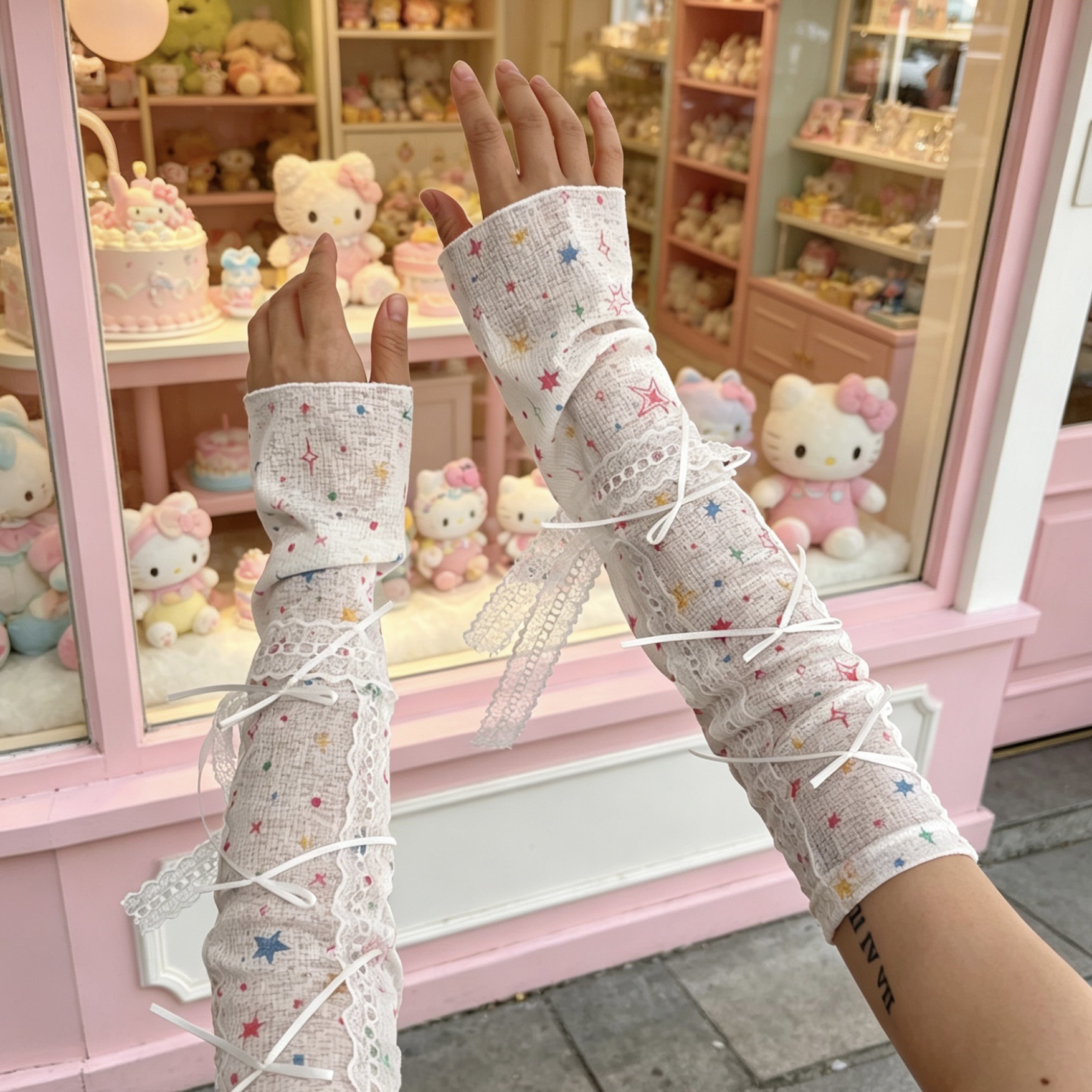 Kawaii Star Print Lace Arm Sle - Fingerless Glove Knit reseña y precio